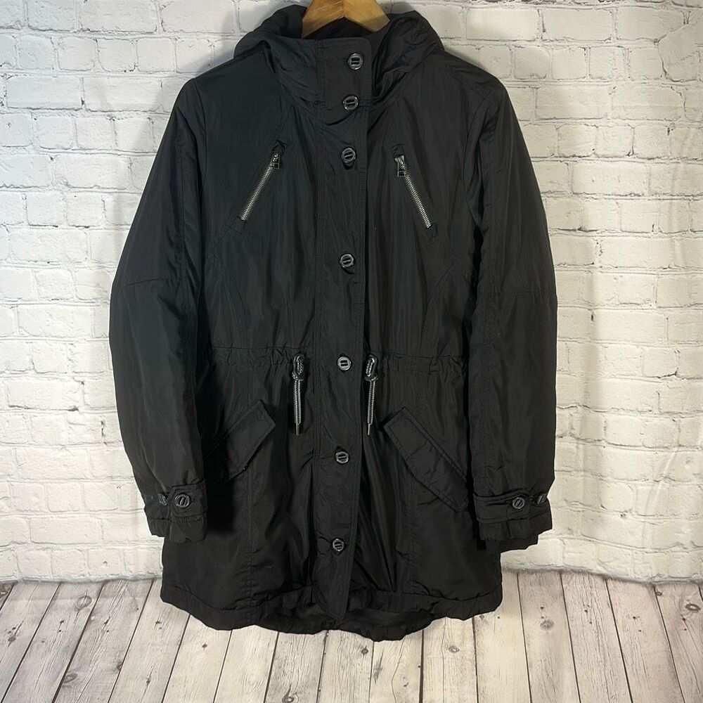 Athleta Jacket Womens Medium Black Voyager‎ Utility Parka Hooded Cinch Waist